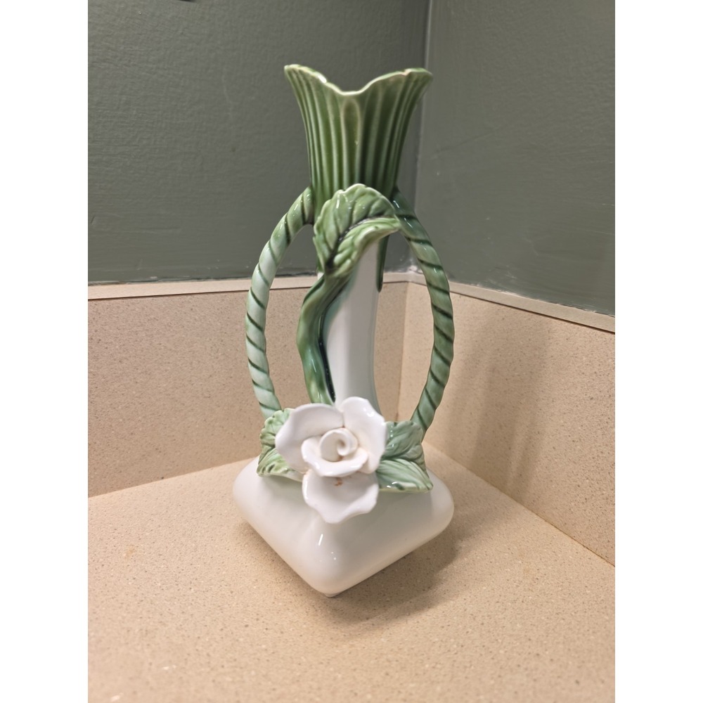 ENESCO Japan 7.25" Bud Vase - Green Handles Vines Leaves with White rose E-2138